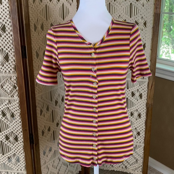 Maeve Button Up Striped Ribbed Top Multicolor Medium - Picture 2 of 8